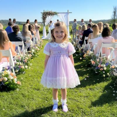 Picture of Beau KiD Girls Summer Smocked Bodice Puff Sleeve Tulle Overlay Dress - Lilac