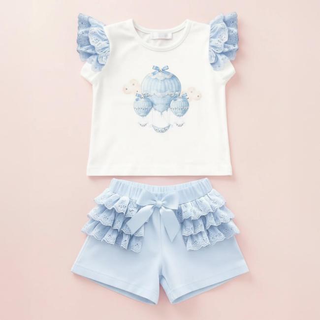 Picture of Giorgio Bambini Girls Air Balloon Top Ruffle Shorts & Hairband Set X 3 - Blue