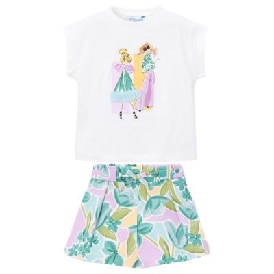 Picture of Mayoral Girls Summer Applique Top & Poplin Shorts Set X 2 - Lake Green