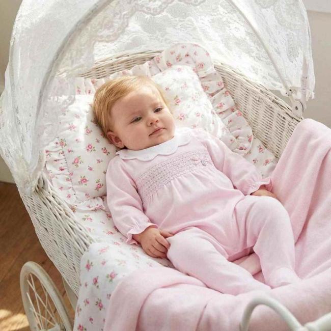 Picture of Deolinda Baby Girls California Smocked Bodice Babygrow In Gift Box - Pink