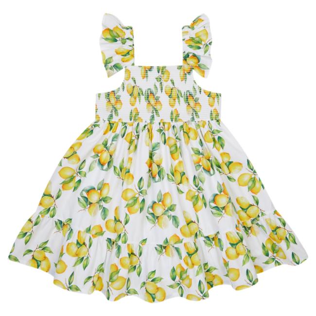 Picture of Deolinda Girls Sorrento Smocked Lemon Print Dress - Ivory Lemon