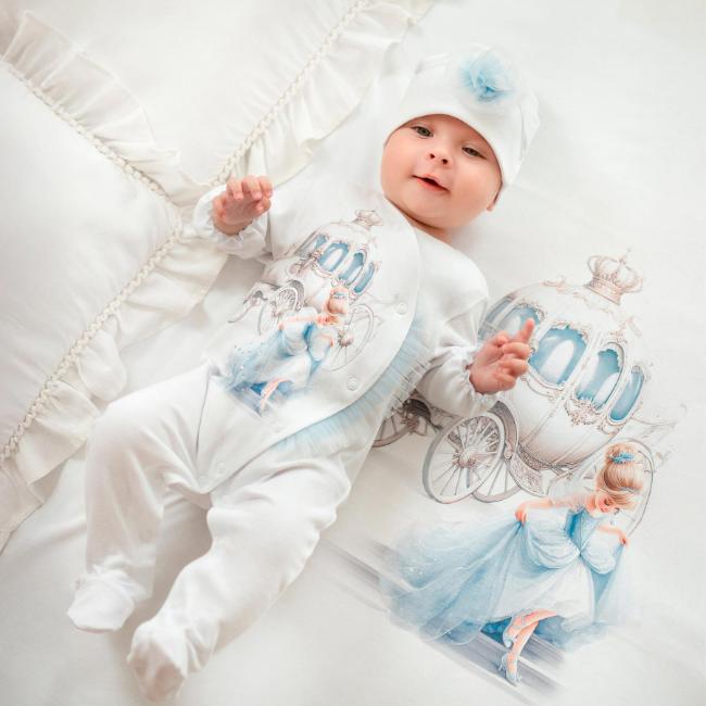 Picture of Sofija Baby Arabella Collection Babygrow Hat & Swaddle Set X 3 - White Blue