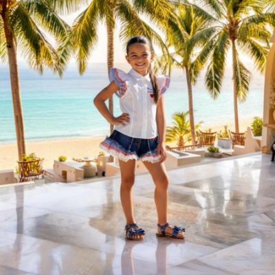 Picture of Monnalisa Girls Hello Kitty Ruffle Blouse & Denim Shorts Set X 2 - White Blue