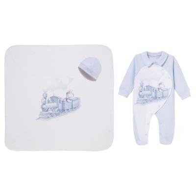 Picture of Sofija Baby Rayan Collection Bear & Train Babygrow Hat & Swaddle Set X 3 - Pale Blue