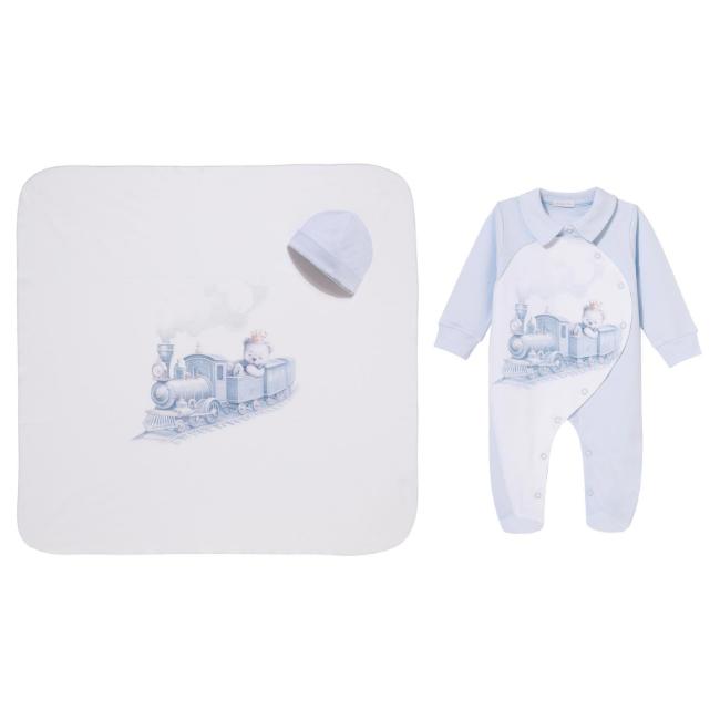 Picture of Sofija Baby Rayan Collection Bear & Train Babygrow Hat & Swaddle Set X 3 - Pale Blue