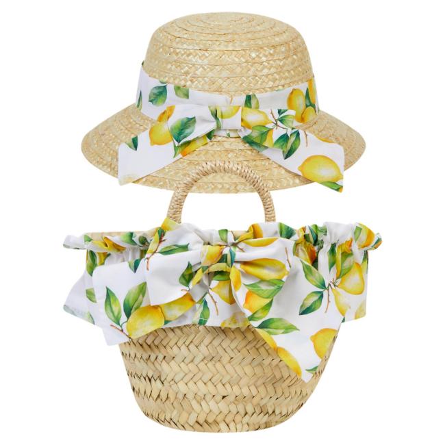 Picture of Deolinda Girls Sorrento Lemons Print Straw Basket & Sunhat Set X 2 - Lemons