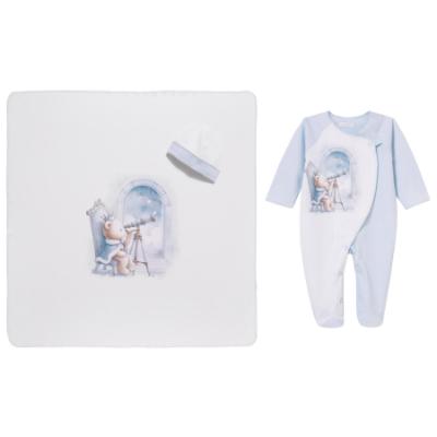 Picture of Sofija Baby King Collection Royal Teddy Bear Babygrow Hat & Swaddle Set X 3 - Pale Blue