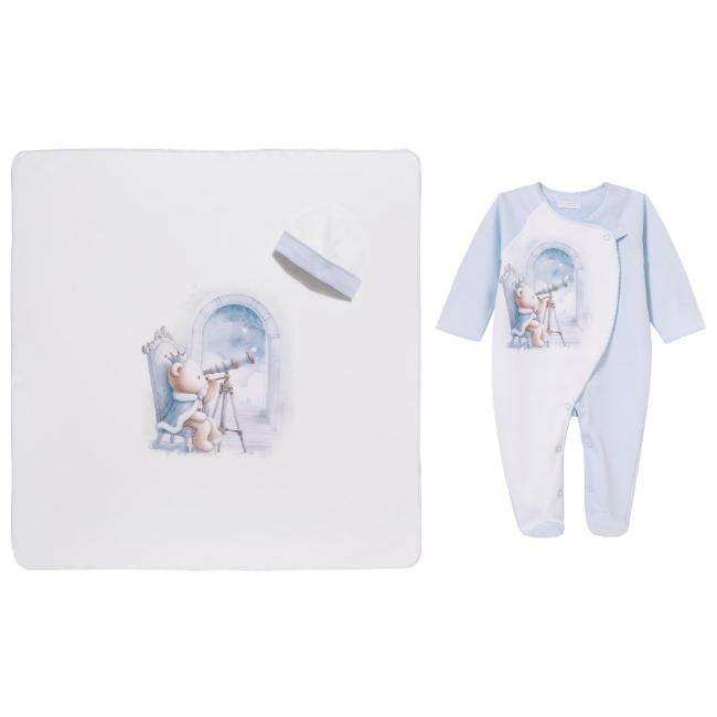 Picture of Sofija Baby King Collection Royal Teddy Bear Babygrow Hat & Swaddle Set X 3 - Pale Blue