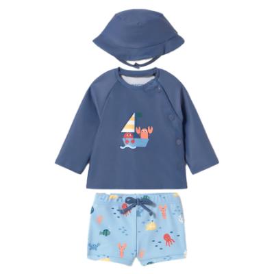 Picture of Mayoral Newborn Boys Sealife Swim Shorts Rashguard & Sunhat Set X 3 - Navy Blue Multi
