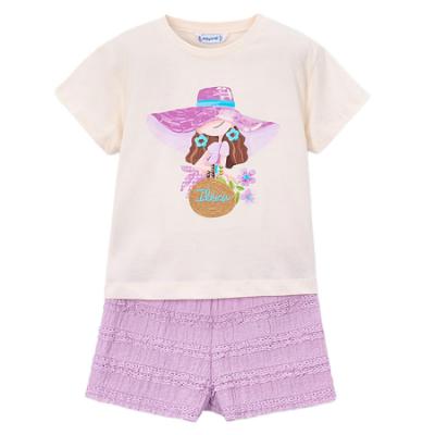 Picture of Mayoral Girls Summer Top & Ruffle Shorts Set X 2 - Cream Lilac