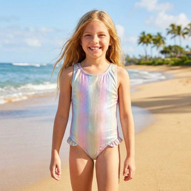 Picture of Billie Blush Girls Metallic Swimsuit With Ruffles - Pink Multi