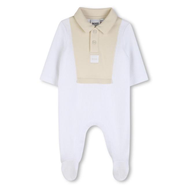 Picture of BOSS Baby Boys Waffle Cotton Babygrow - White Beige