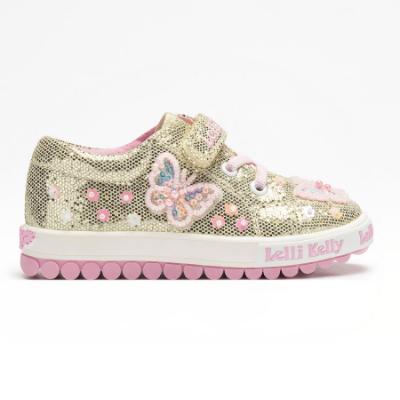 Picture of Lelli Kelly Emerald Beaded Butterfly Flat Glitter Roller Sole Pump - Gold