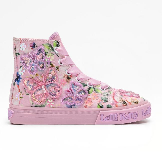 Picture of Lelli Kelly Serena Mid Floral Canvas Boot With Beaded Butterflies - Pink Fantasy