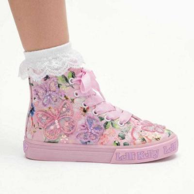 Picture of Lelli Kelly Serena Mid Floral Canvas Boot With Beaded Butterflies - Pink Fantasy