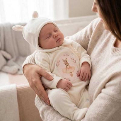 Picture of Jamiks Kids Baby Girls Eugenie Ballerina Babygrow Hat Swaddle Bib Velour Set X 4 - Ivory Pink