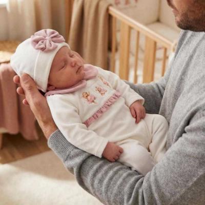 Picture of Jamiks Kids Baby Girls Charlene 3 Bears Babygrow Hat Swaddle Bib Velour Set X 4 - Ivory Pink