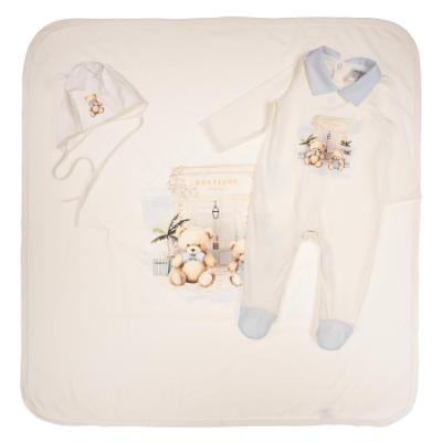 Picture of Jamiks Kids Baby Boys Bubuva Babygrow Hat Swaddle Set X 3 - Ivory Pale Blue