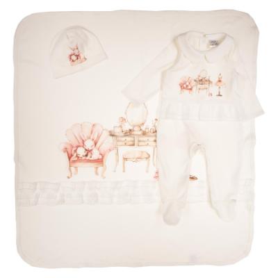 Picture of Jamiks Kids Baby Girls Hanne Babygrow Hat Ruffle Swaddle Set X 3 - Ivory Pale Pink