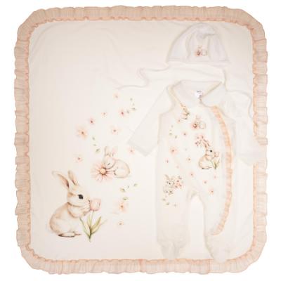 Picture of Jamiks Kids Baby Girls Kelma Ruffle Babygrow Hat Ruffle Swaddle Set X 3 - Ivory Pale Peach