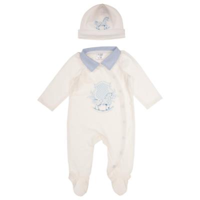 Picture of Jamiks Kids Baby Boys Tahir Babygrow Hat Swaddle Set X 3 - Ivory Pale Blue