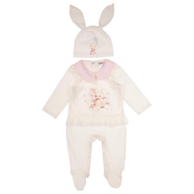 Picture of Jamiks Kids Baby Girls Snoffi Ruffle Babygrow Hat Ruffle Swaddle Set X 3 - Ivory Pale Pink