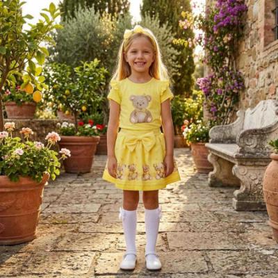 Picture of Giorgio Bambini Girls Diamante Bear Top Skirt & Hairband Set X 3 - Lemon