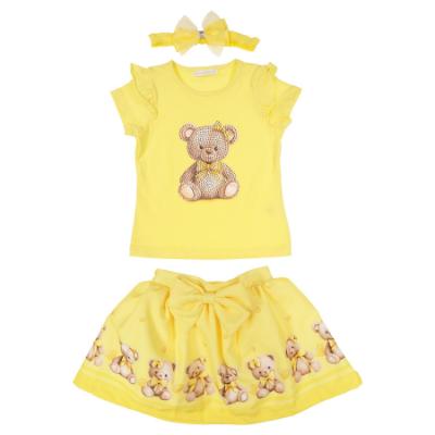 Picture of Giorgio Bambini Girls Diamante Bear Top Skirt & Hairband Set X 3 - Lemon