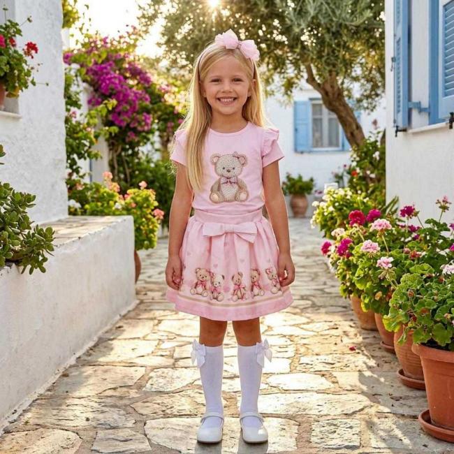 Picture of Giorgio Bambini Girls Diamante Bear Top Skirt & Hairband Set X 3 - Pink