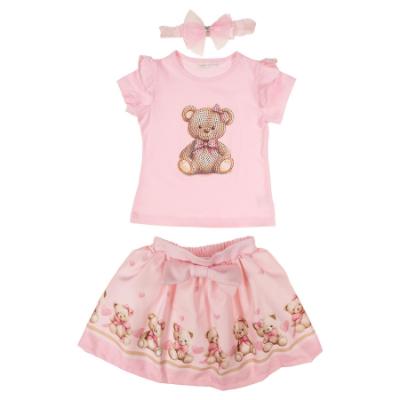 Picture of Giorgio Bambini Girls Diamante Bear Top Skirt & Hairband Set X 3 - Pink