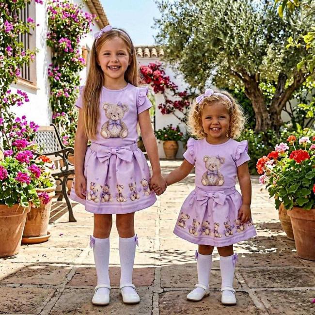 Picture of Giorgio Bambini Girls Diamante Bear Top Skirt & Hairband Set X 3 - Lilac