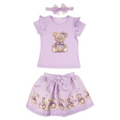 Picture of Giorgio Bambini Girls Diamante Bear Top Skirt & Hairband Set X 3 - Lilac