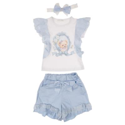 Picture of Giorgio Bambini Girls Ruffle Bear Top Ruffle Shorts & Hairband Set X 3 - White Blue