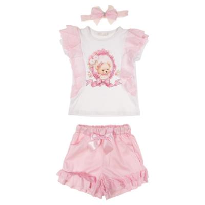 Picture of Giorgio Bambini Girls Ruffle Bear Top Ruffle Shorts & Hairband Set X 3 - White Pink