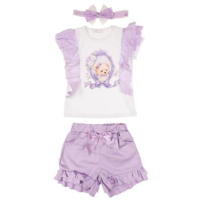 Picture of Giorgio Bambini Girls Ruffle Bear Top Ruffle Shorts & Hairband Set X 3 - White Lilac