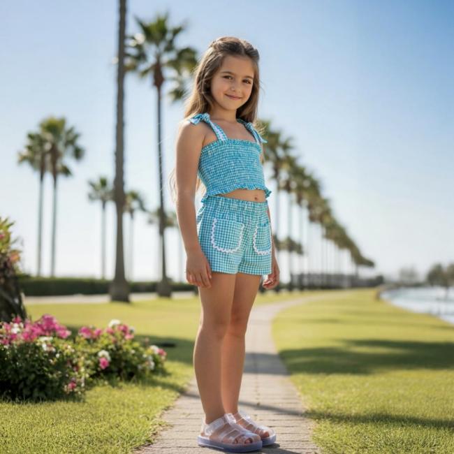 Picture of Mayoral Girls Summer Elastic Smock Gingham Top & Shorts Set X 2 - Blue