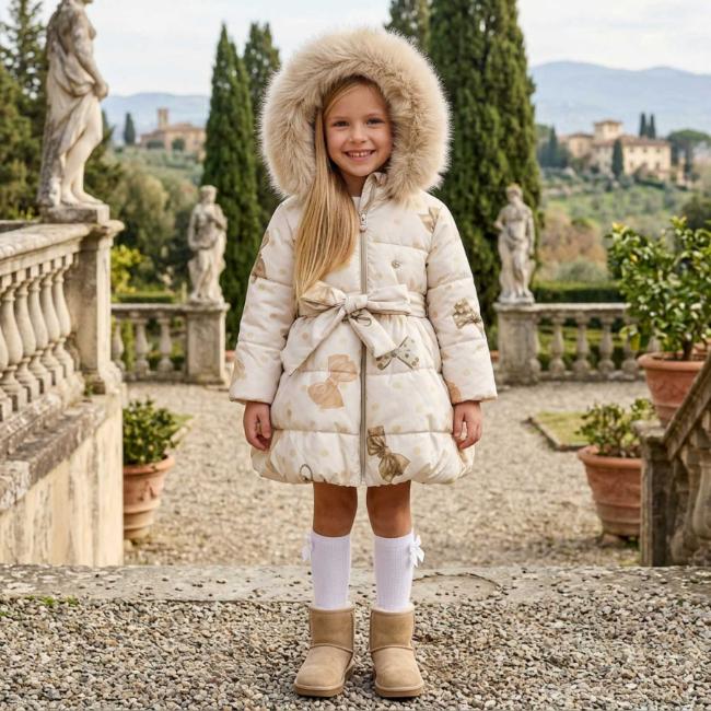 Picture of Bimbalo Girls Padded Coat with Exclusive Bow Print  - Beige