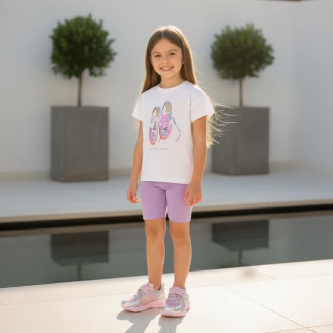 Picture of Mayoral Girls Summer Trainer Print Top & Cycling Shorts Set X 2 - White Lilac