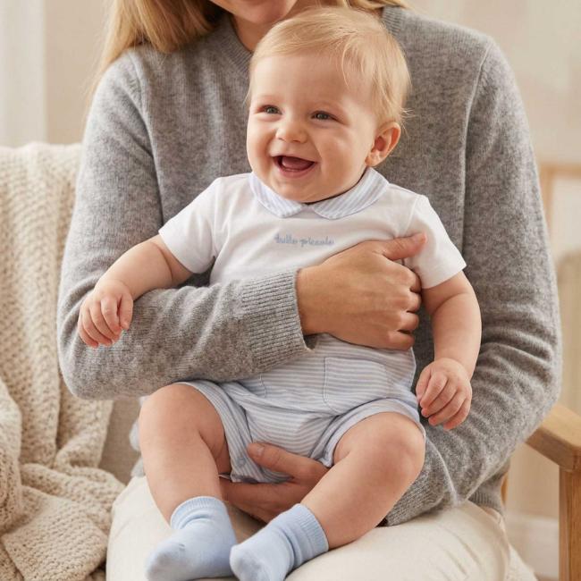 Picture of Tutto Piccolo Summer Boys Ribbed Romper - Pale Blue White