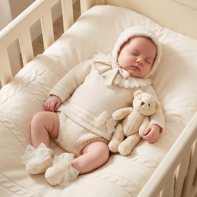 Picture of Mac Ilusion Baby Knitted Collection Girls Sweater Bottoms Bonnet Booties Set X 4 - Ivory Gold