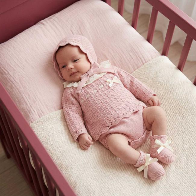 Picture of Mac Ilusion Baby Knitted Collection Sweater Bottoms Hat Booties Set X 4 - Ivory Vintage Pink