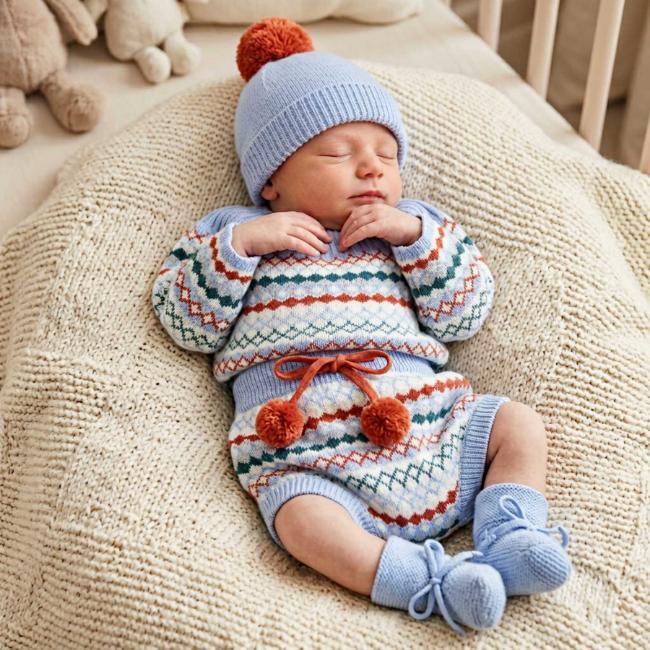 Picture of Mac Ilusion Baby Knitted Collection Jacquard Sweater Bottoms Hat Booties Set X 4 - Sky Blue