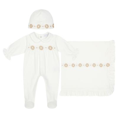 Picture of Deolinda Chic Baby Girls Linda Collection Daisy Blanket Sleepsuit & Hat Set X 3 - White Gold