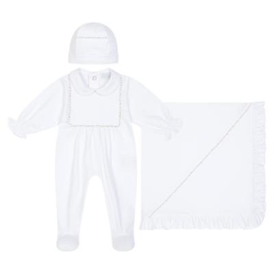 Picture of Deolinda Chic Baby Girls Linda Collection Diamante Blanket Sleepsuit & Hat Set X 3 - White