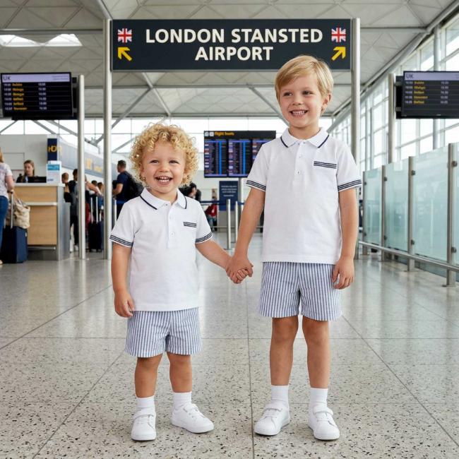 Picture of Deolinda Astra Boys Polo Top & Stripe Shorts Set X 2 - White Navy Stripe