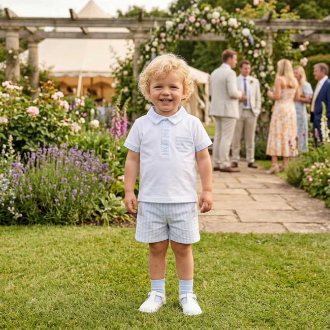 Picture of Deolinda Boys California Top & Stripe Shorts Set X 2 - White Pale Blue Stripe