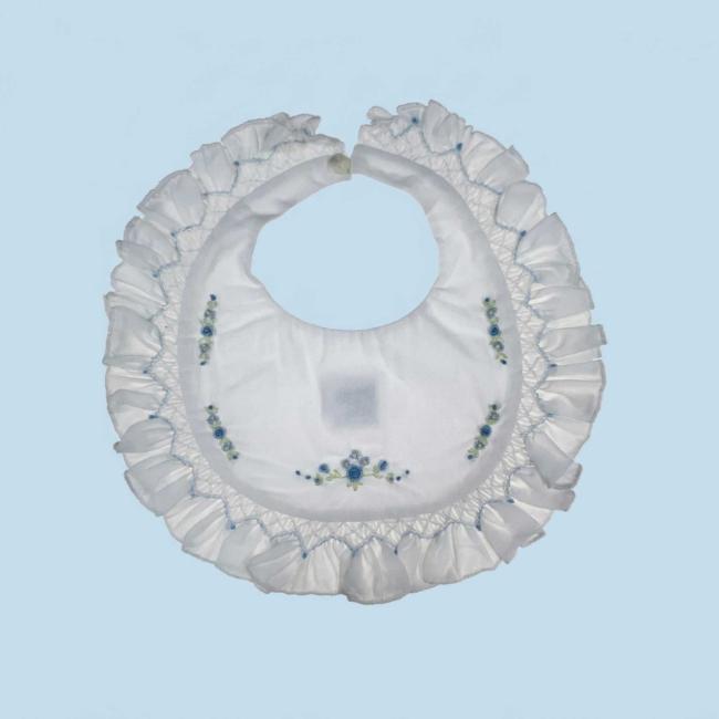 Picture of Sarah Louise Baby Embroidered Smocked Ruffle Bib - White Blue