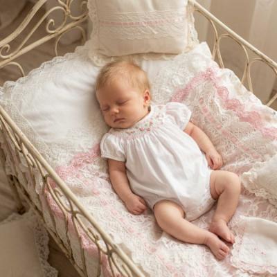 Picture of Sarah Louise Baby Girls Embroidered Puff Sleeve Bubble - White Pink