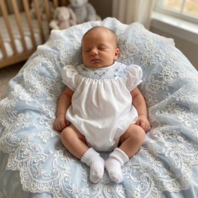 Picture of Sarah Louise Baby Embroidered Puff Sleeve Bubble - White Blue