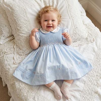 Picture of Sarah Louise Girls Smocked Bodice Puff Sleeve Dress - Pale Blue